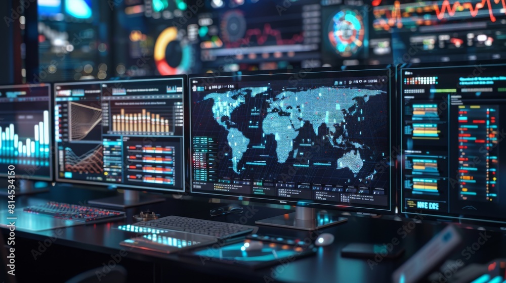 Multiple screens display interactive global data, graphs, and maps in a high-tech monitoring room. Multiple screens display interactive global data, graphs, and maps in a high-tech monitoring room.