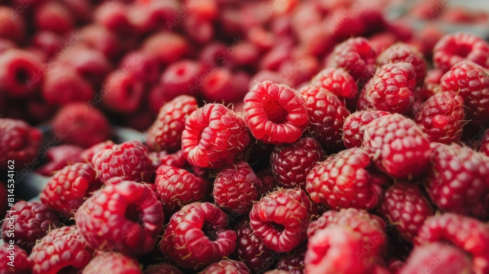 Full frame closeup of fresh ripe red healthy raspberries in pile on stall Full frame closeup of fresh ripe red healthy raspberries in pile on stall