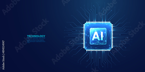 Ai chip top view on technology blue background. Light blue AI microchip with abstract circuit board on bg. Artificial Intelligence concept. Polygonal CPU or semiconductor. Digital vector illustration. (ID: 814534147)