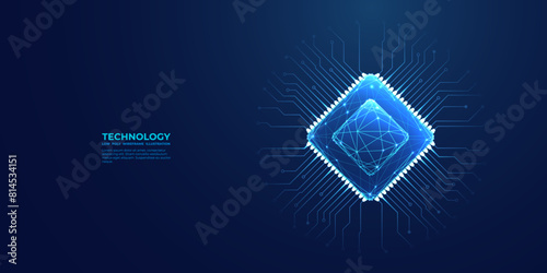 Abstract computer chip on a circuit board. Light blue polygonal semiconductor on dark blue background. Modern computer processor bg. CPU microchip top view. AI or tech concept. Vector illustration.  (ID: 814534151)