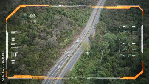 Drone Ui Aerial view of scenic landscape of rural countrydside traffic between the forest and mountain photo