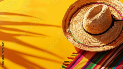 Mexican hat and colorful towel on yellow background