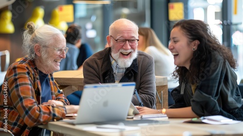 In a collaborative workspace, coworkers of different ages share ideas and laughter, fostering a culture of inclusivity and belonging.