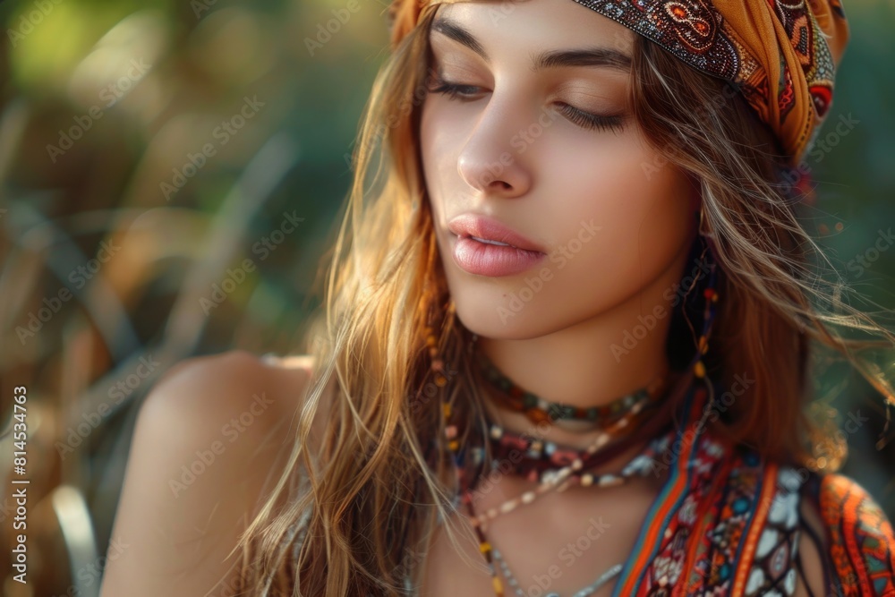 Fototapeta premium A beautiful young woman wearing a head scarf. Suitable for fashion or cultural themes
