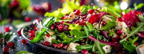 Colorful winter salad with mixed greens Belgian endives and pomegranate seeds. Creative Banner. Copyspace image