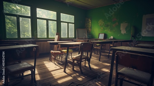 a classroom that appears to be no longer used. Sunlight shines into the room through the large windows, creating a dramatic effect with contrasting shadows and light. photo