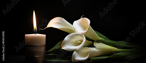 A peaceful sympathy card featuring a burning candle a white calla lily and a dark background with room for a message. with copy space image. Place for adding text or design