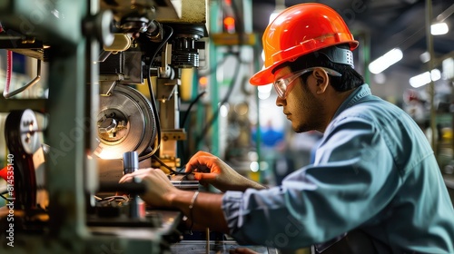 In the heart of the factory, a Latin American worker expertly operates a cutting machine, contributing to the assembly line's efficiency.