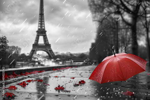 Eiffel tower in the rain. Black and white photo with red element