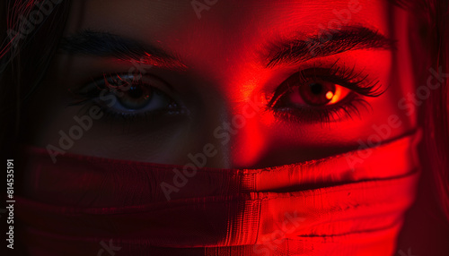 Intense closeup of a woman's eyes illuminated by red light, symbolizing the global day for the Elimination of Violence against Women photo
