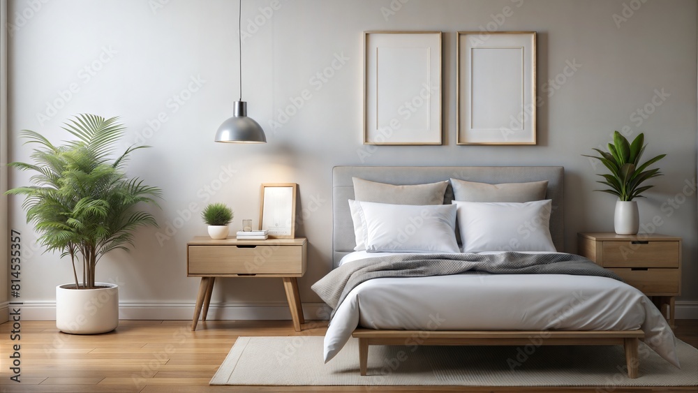 Minimalist Bedroom Frame Mockup: A minimalist bedroom interior featuring a frame mockup on a bedside table or mounted on the wall, ideal for displaying personalized artwork or quotes.	
