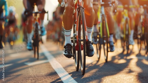 a group of cyclists participating in a bicycle race. The main focus is on the cyclist's legs and bike, with warm sunlight shining down on them. photo