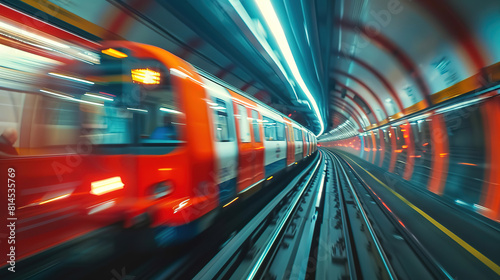 Red tube train in slow motion  captured perspective of someone standing on one side as it passes. Background is blur with streaks and lines representing speed and movement. 