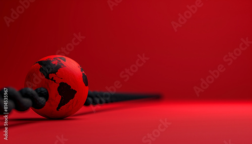 Simple background with a redtoned globe chained to a black chain, symbolizing International Day of Neutrality on a monochromatic red backdrop photo