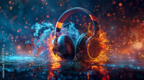 Music headphones with bright colored splashes, flames, smoke and pulses amidst loud music, rhythms, beats and flow.