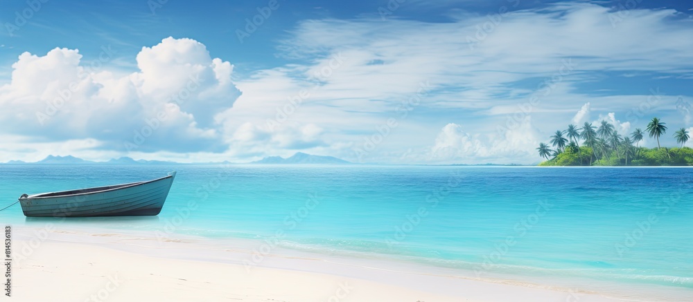 Obraz premium A scenic tropical seascape with a boat resting on the sandy beach creating a perfect copy space image