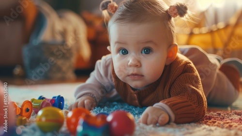 A young child laying on the floor engaged in play. Suitable for family and childhood themes