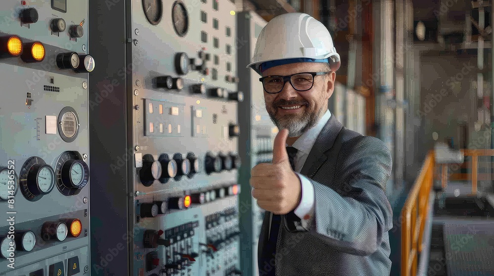 Portrait of a successful supervisor in a power facility, dressed in a suit and helmet, indicating approval with a thumbs up gesture next to a control panel. Portrait of a successful supervisor in a power facility, dressed in a suit and helmet, indicating approval with a thumbs up gesture next to a control panel.