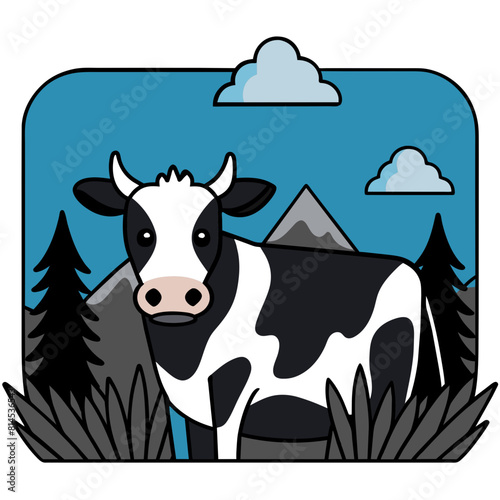 Illustrate a serene pasture scene with a content cow grazing peacefully on lush green grass