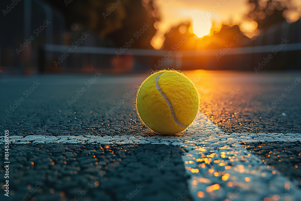 Close-up of a tennis ball on a tennis court at sunset. Generated by artificial intelligence