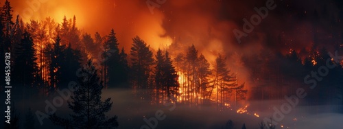 fire forest wallpaper  global disaster with fire forest  dark atmosphere in contrast with the bright color of the fire  panoramic banner 