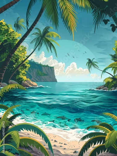 ocean scene flat design side view tropical theme cartoon drawing Vivid