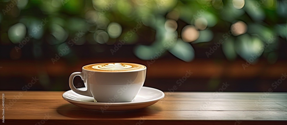 A coffee cup with latte art foam sits on a wooden table in a cozy coffee shop offering a perfect space for adding any desired image or text