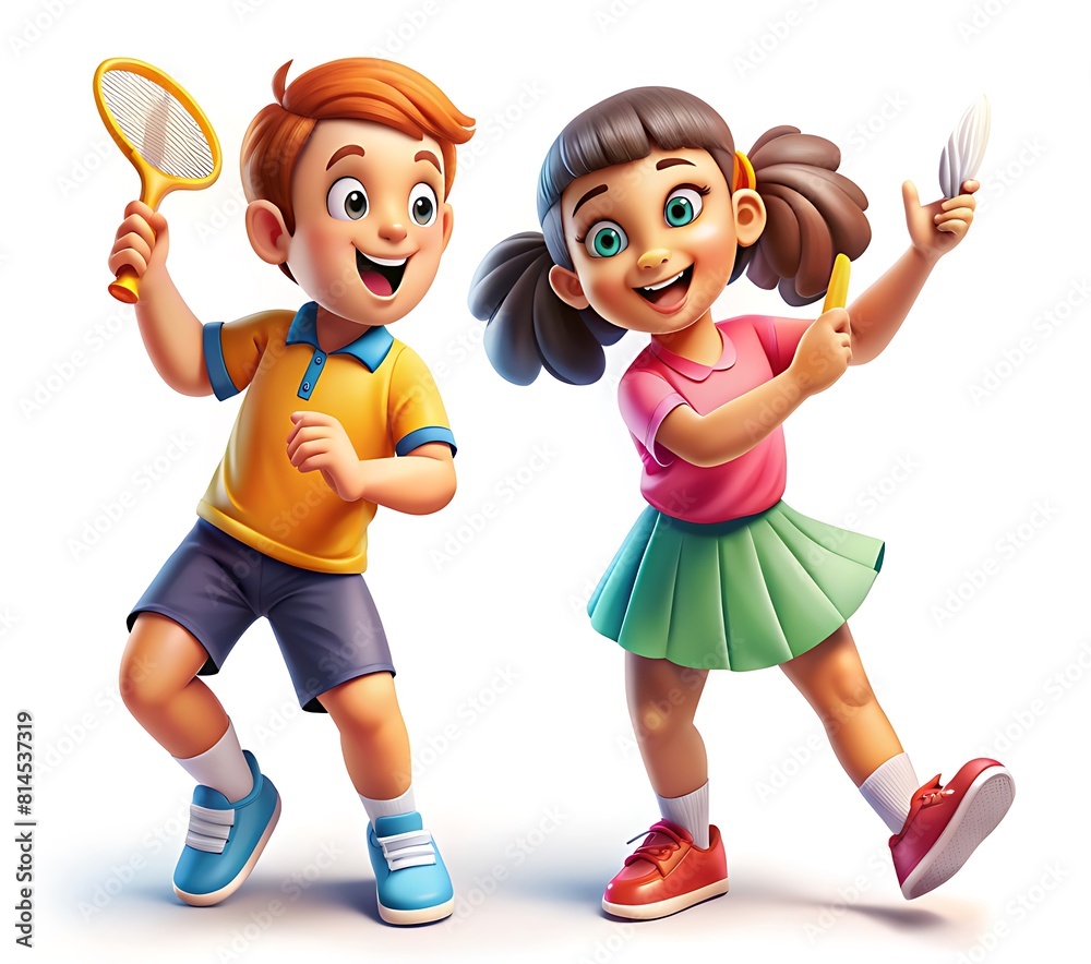 Playful 3D Cartoon Kids Swinging Tennis Rackets Playful 3D Cartoon Kids Swinging Tennis Rackets