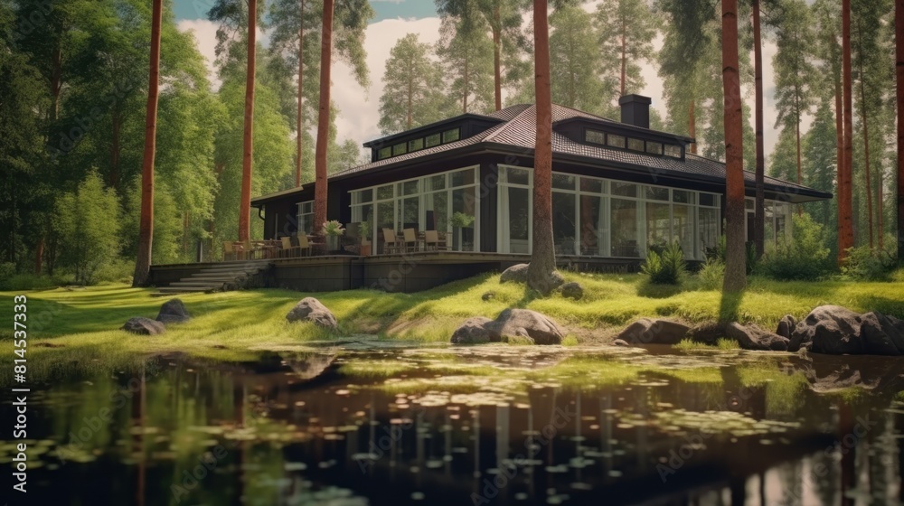 modern house located on the shore of a lake, surrounded by a lush pine forest.