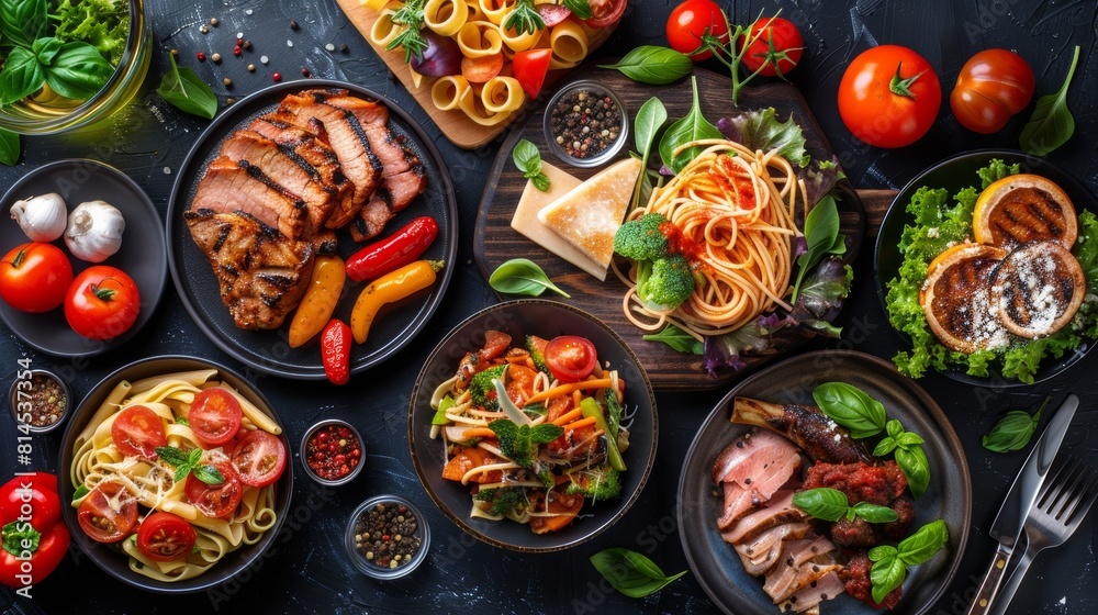 Vibrant top view of various main courses like pasta, salads, and meats, on a dark, isolated background, perfect for advertising