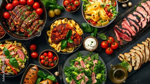 Vibrant top view of various main courses like pasta, salads, and meats, on a dark, isolated background, perfect for advertising photo