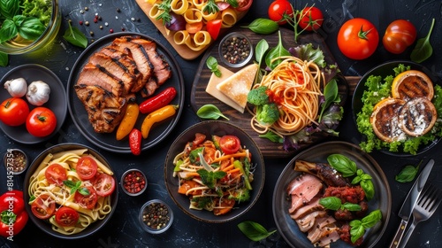 Vibrant top view of various main courses like pasta, salads, and meats, on a dark, isolated background, perfect for advertising