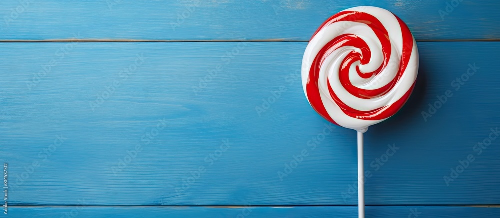 A red and white Christmas themed swirl lollipop on a stick is seen on a blue wooden surface with sufficient space for other content in the image. with copy space image