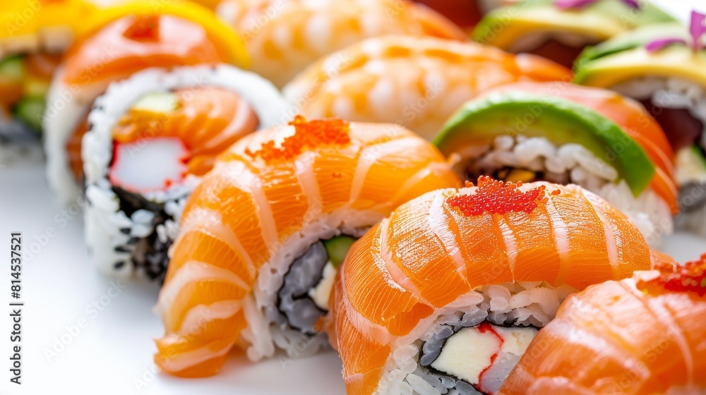 Vibrant close-up of sushi rolls, focusing on fresh salmon, shrimp, and avocado, arranged on a white isolated background for advertising Vibrant close-up of sushi rolls, focusing on fresh salmon, shrimp, and avocado, arranged on a white isolated background for advertising