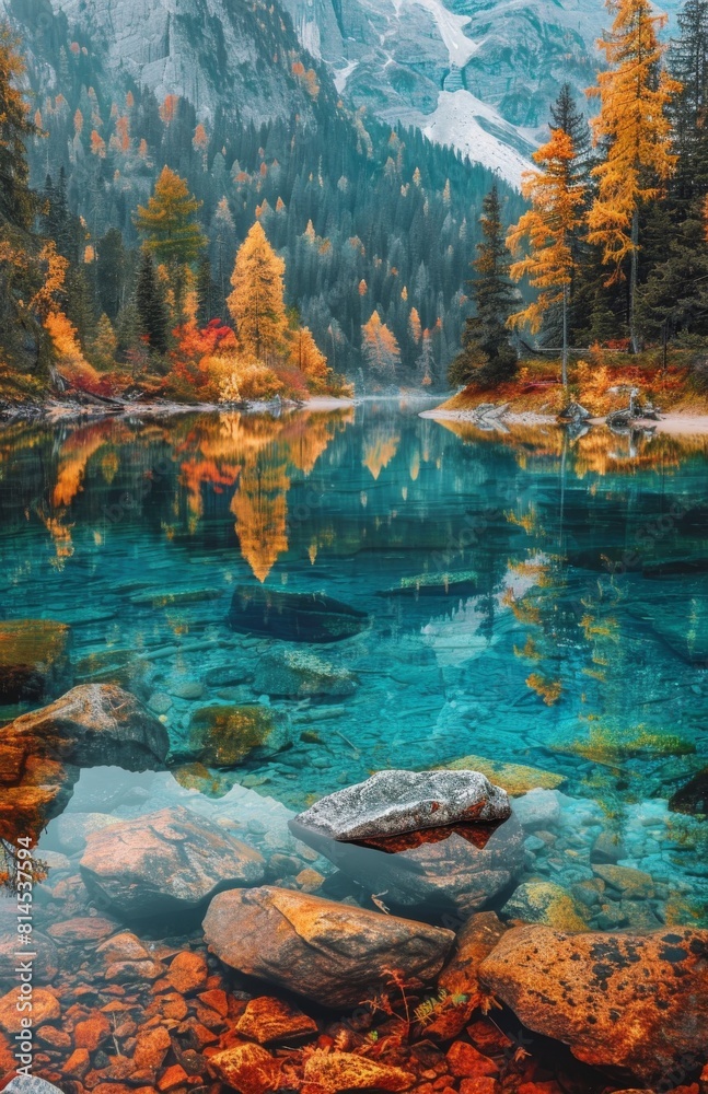 Fototapeta premium Scenic River Surrounded by Trees and Rocks