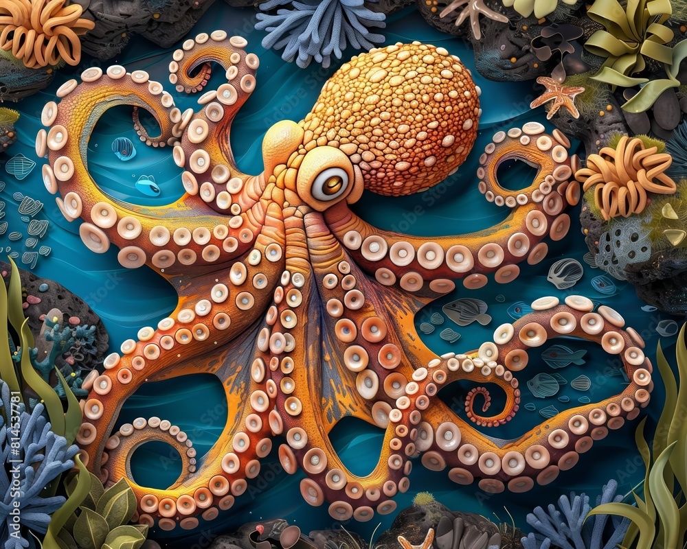 Octopus habitat top view ocean theme cartoon drawing vivid Octopus habitat top view ocean theme cartoon drawing vivid
