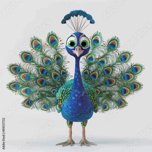Blue peacock isolated on white background. 3d render illustration.