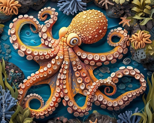 Octopus habitat flat design top view ocean theme cartoon drawing vivid