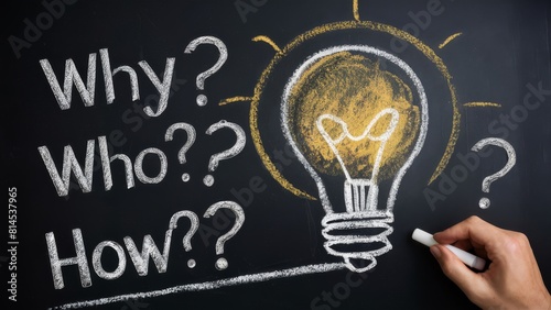 Chalkboard Featuring Lightbulb and 'Why? Who? When? How?' Typography - Curiosity, Learning, Innovation