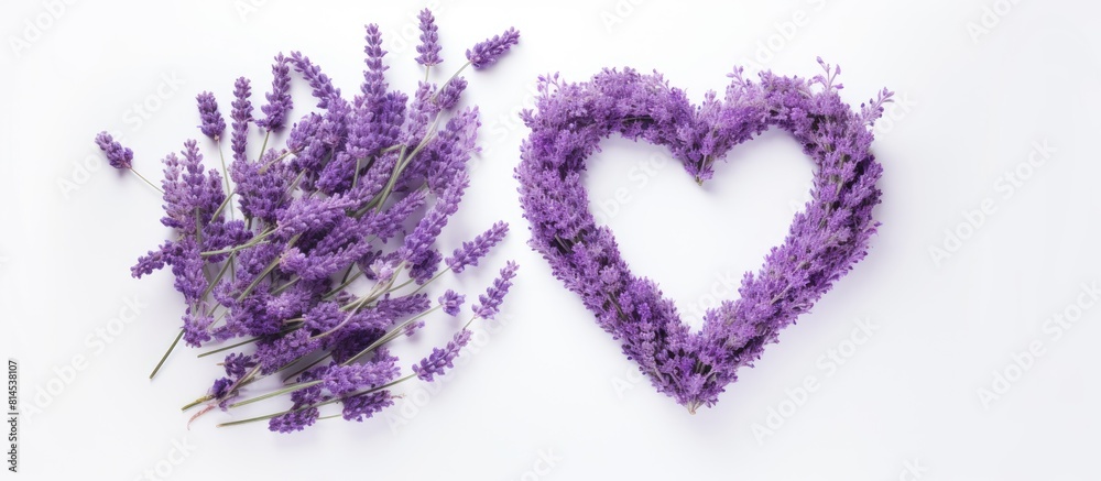 A heart shaped lavender wreath on a white background with copy space image A heart shaped lavender wreath on a white background with copy space image