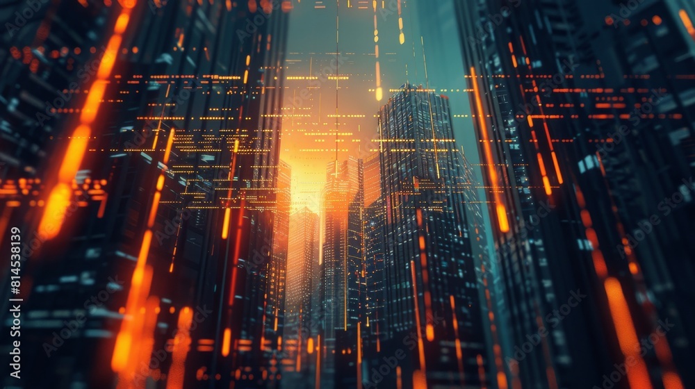 Fototapeta premium Skyscrapers at sunset, architectural background for financial, corporate, and business brochures