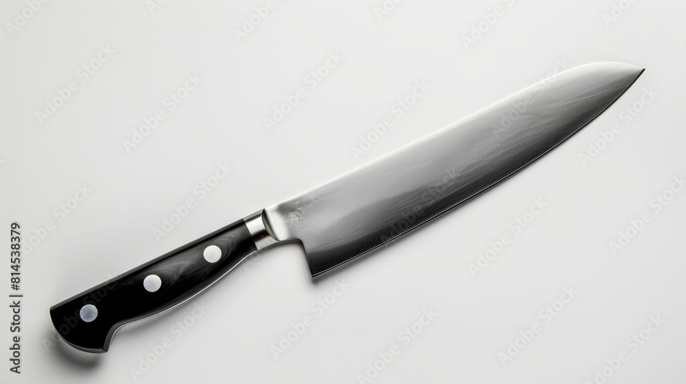 Top view of a gleaming big kitchen knife, perfectly showcased for advertising, on an isolated white background under studio lighting Top view of a gleaming big kitchen knife, perfectly showcased for advertising, on an isolated white background under studio lighting