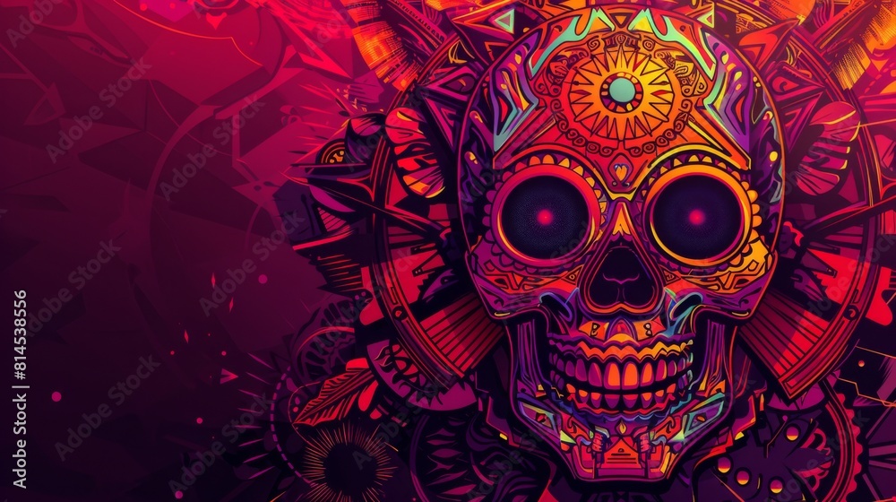 A colorful skull dances against a lively background A colorful skull dances against a lively background