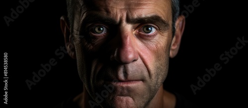 A middle aged man with light eyes is portrayed against a black background in the copy space image © vxnaghiyev
