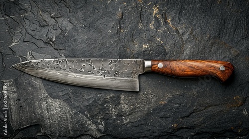 Top-down shot of a vintage kitchen knife, resting on a sleek black stone table, isolated with sharp focus, perfect for ads