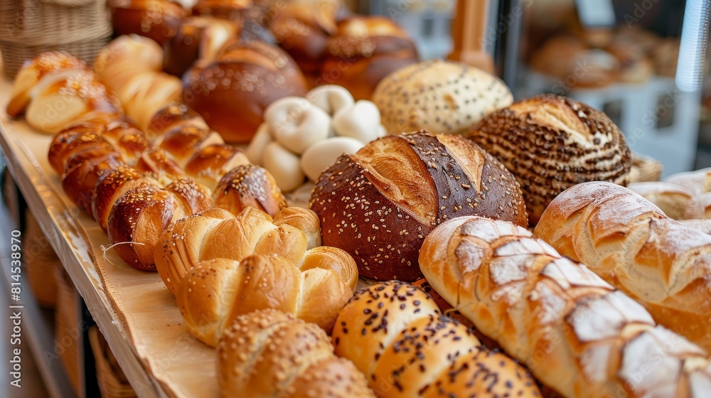 Sumptuous display of different baked buns and breads on a market counter, isolated and focused perfectly for clear advertising Sumptuous display of different baked buns and breads on a market counter, isolated and focused perfectly for clear advertising