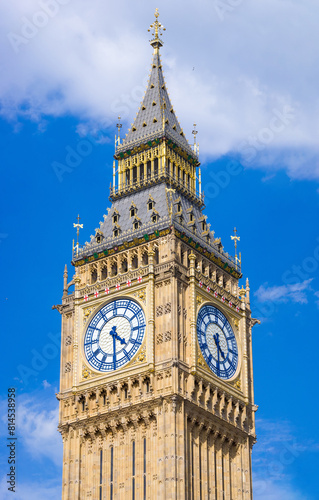 Big Ben the clock tower in a blue sky (London, England, United Kingdom)