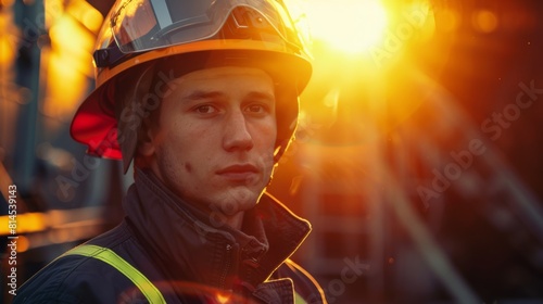 A man in a fireman's hat and jacket is standing in front of a building. The sun is shining brightly on him, creating a warm and inviting atmosphere