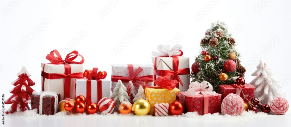 A festive arrangement of candy and gift boxes creating a Christmas composition on a white background with copy space image