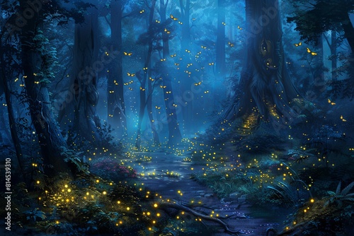 fireflies illuminating the darkness of a forest